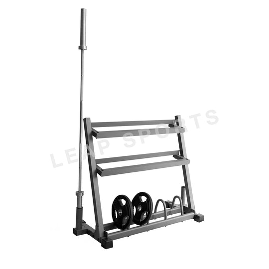 Support de rangement pour haltères et plaques avec rangement pour barre