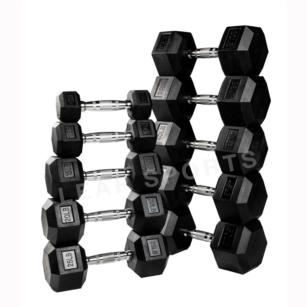 Haltères hexagonaux en caoutchouc de qualité supérieure (2,27 - 22,68 kg) et support