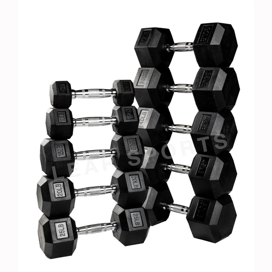 Haltères hexagonaux en caoutchouc de qualité supérieure (2,27 - 22,68 kg) et support