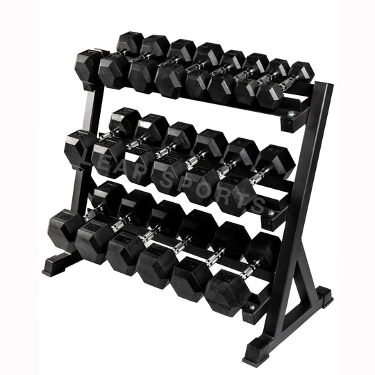 Haltères hexagonaux en caoutchouc de qualité supérieure (2,27 - 22,68 kg) et support